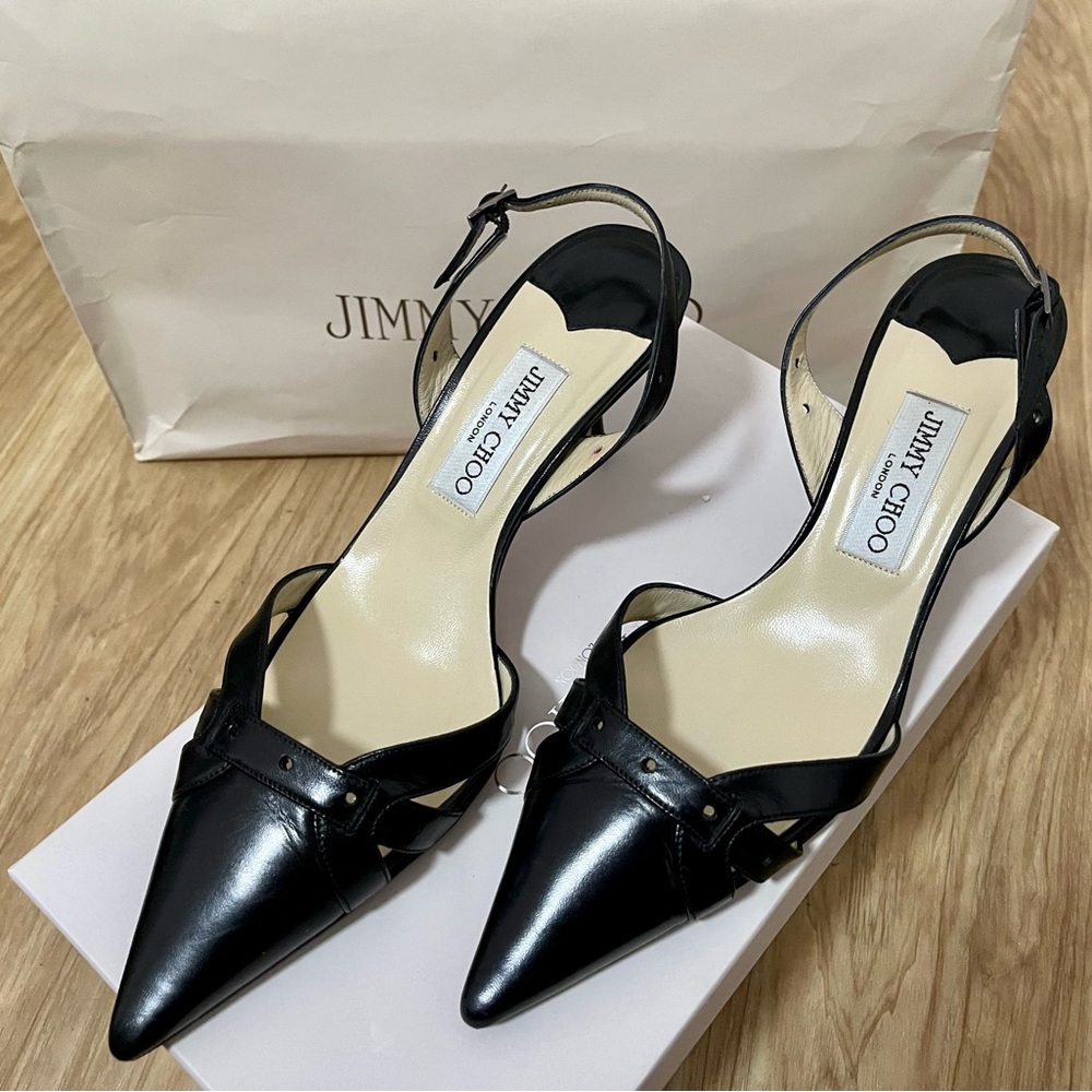 Authentic Women’s Designer Heels Jimmy Choo Black Leather Slingback Sz 8.5